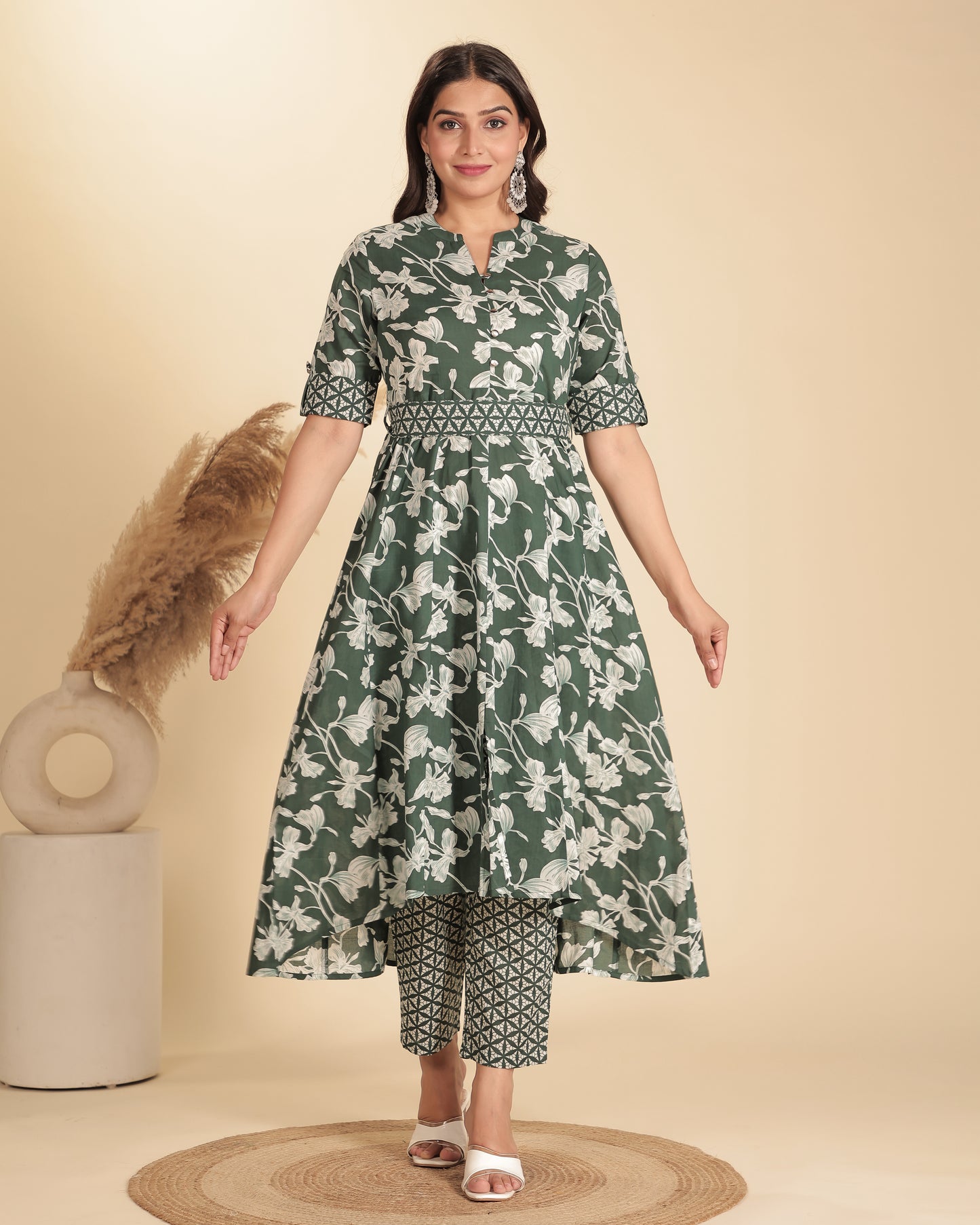 Soft Cotton Floral High Low Green Kurta