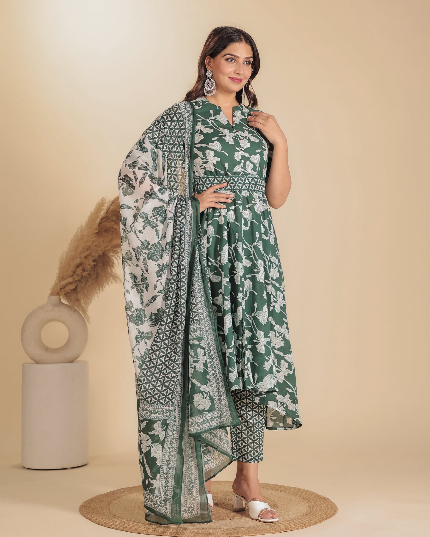 Soft Cotton Floral High Low Green Kurta