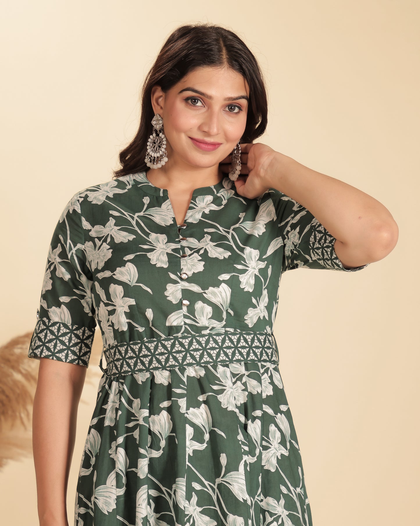 Soft Cotton Floral High Low Green Kurta