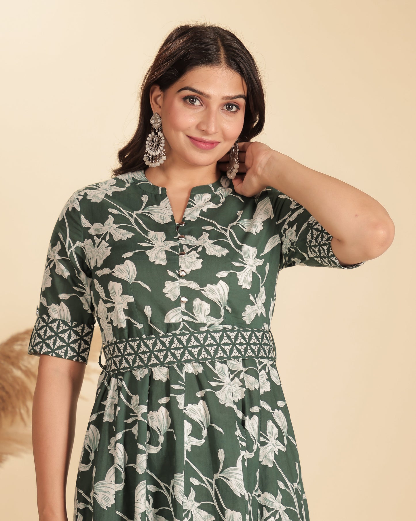 Soft Cotton Floral High Low Green Kurta
