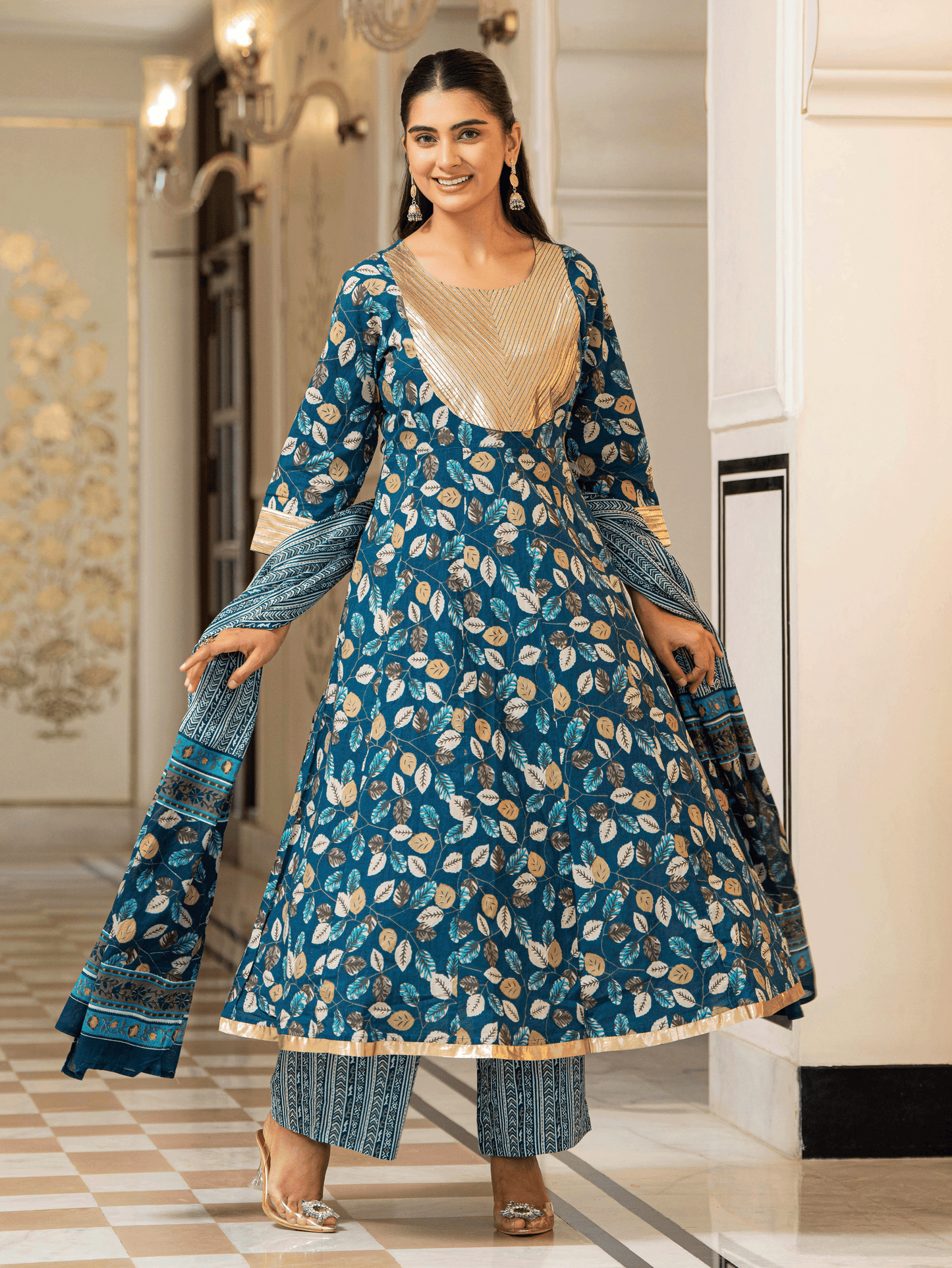 Soft Cotton Foliage Anarkali Blue Kurta