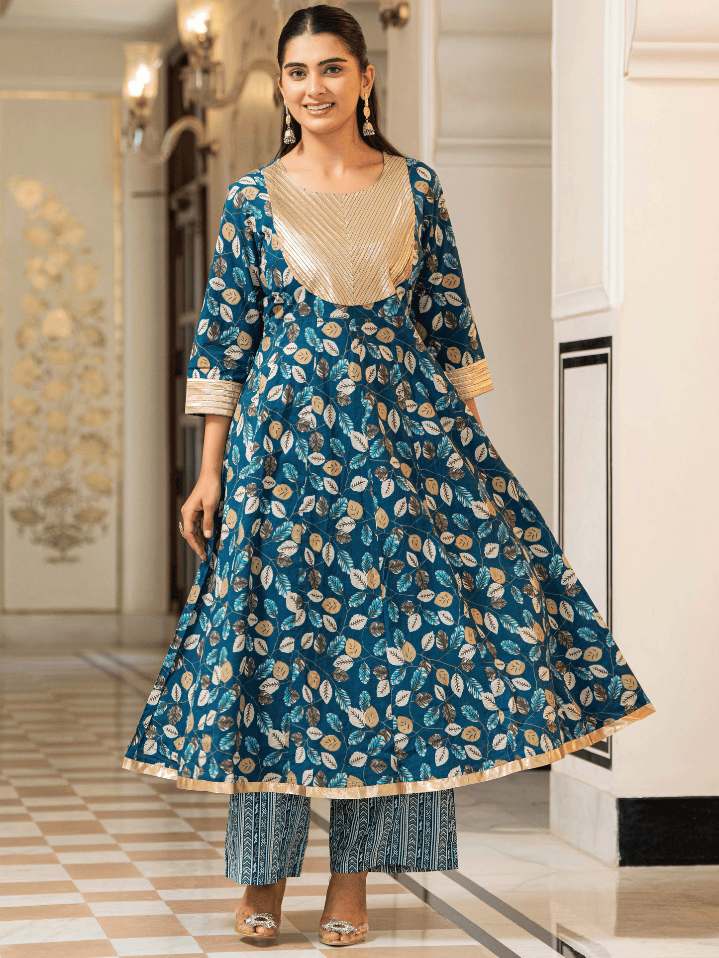 Soft Cotton Foliage Anarkali Blue Kurta