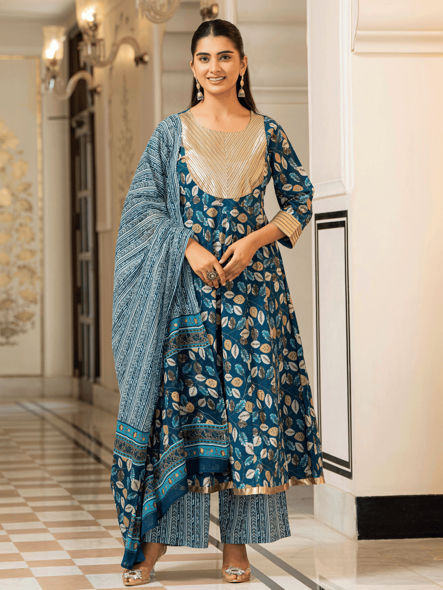 Soft Cotton Foliage Anarkali Blue Kurta