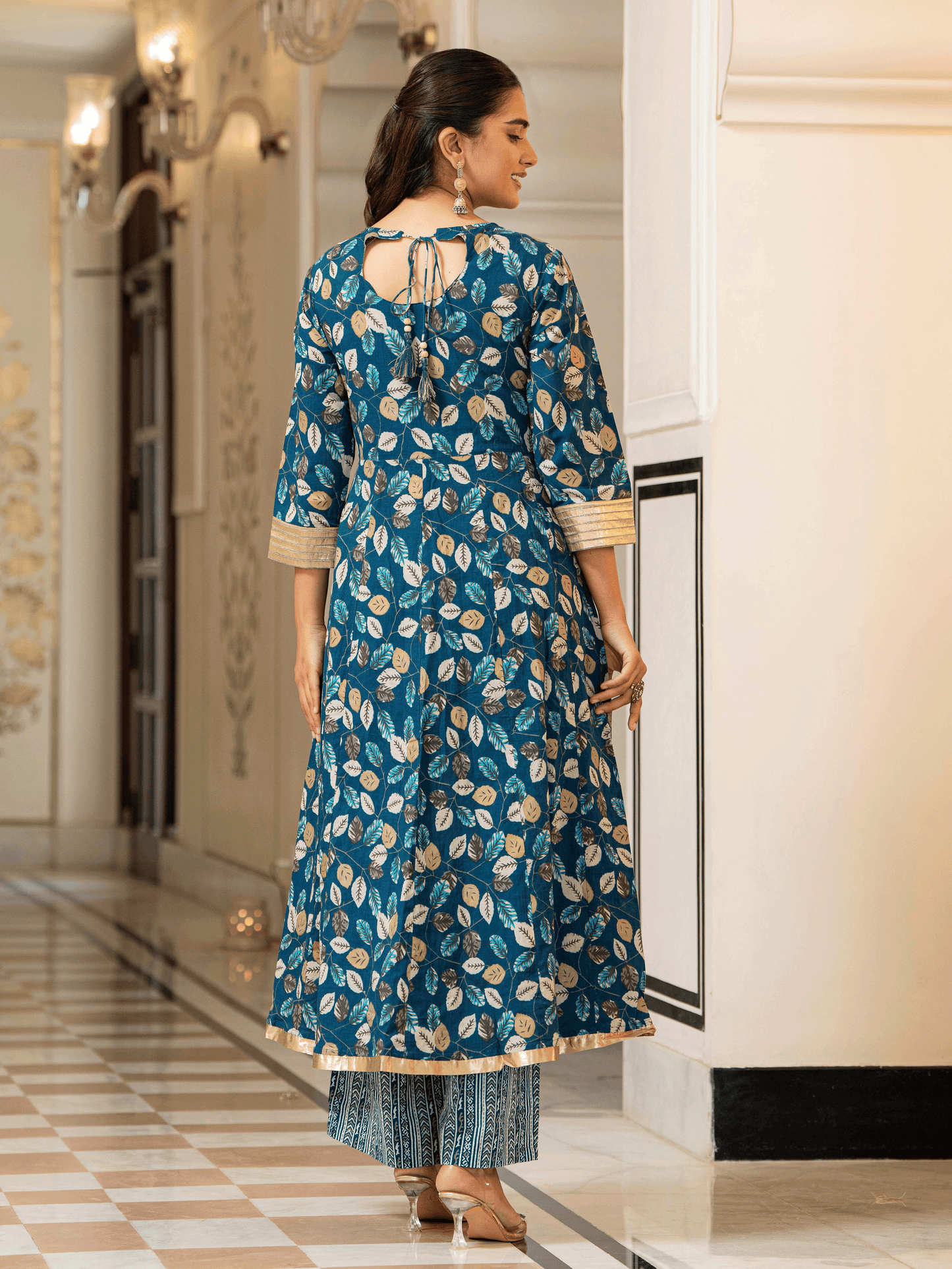 Soft Cotton Foliage Anarkali Blue Kurta