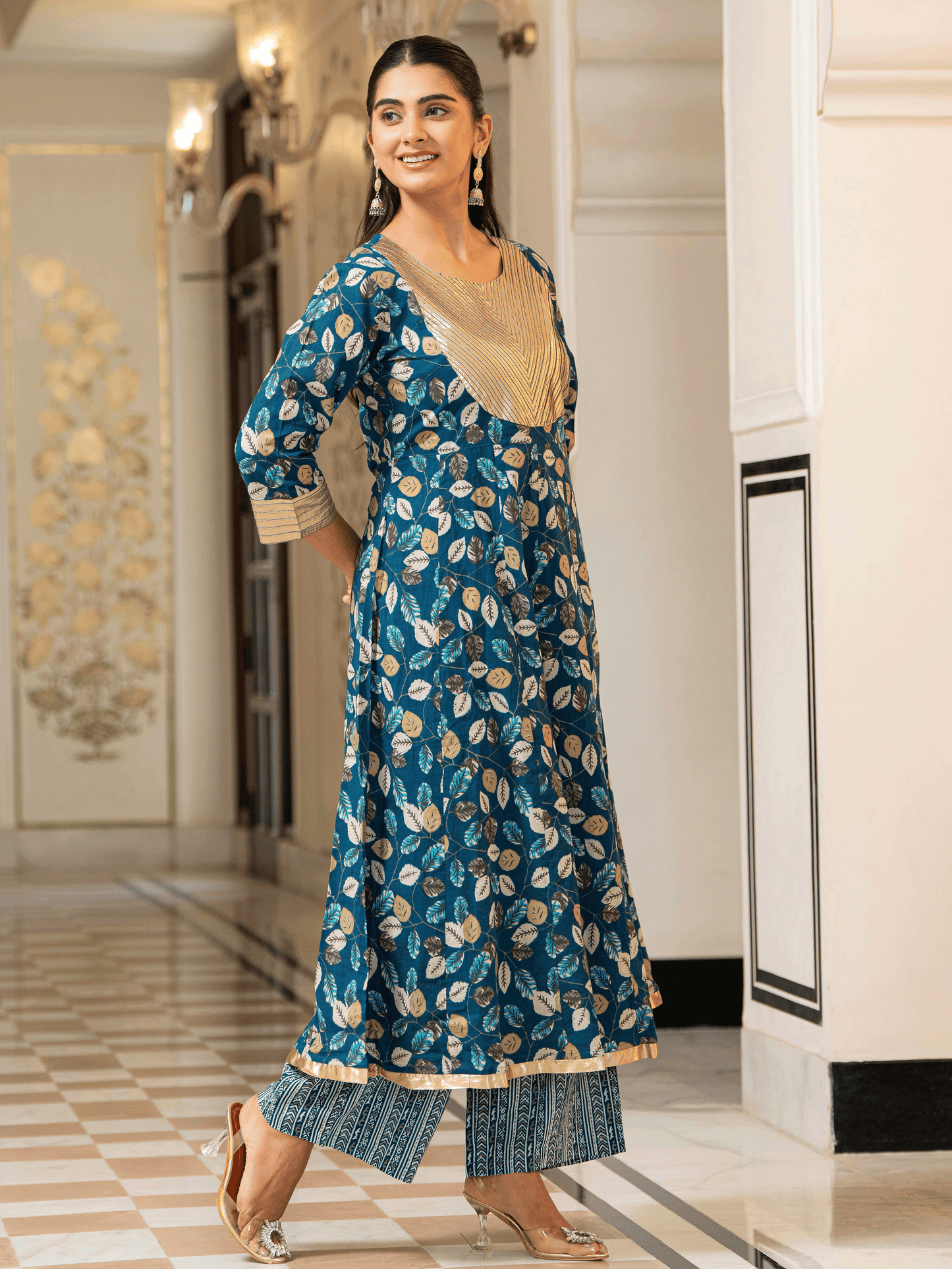 Soft Cotton Foliage Anarkali Blue Kurta