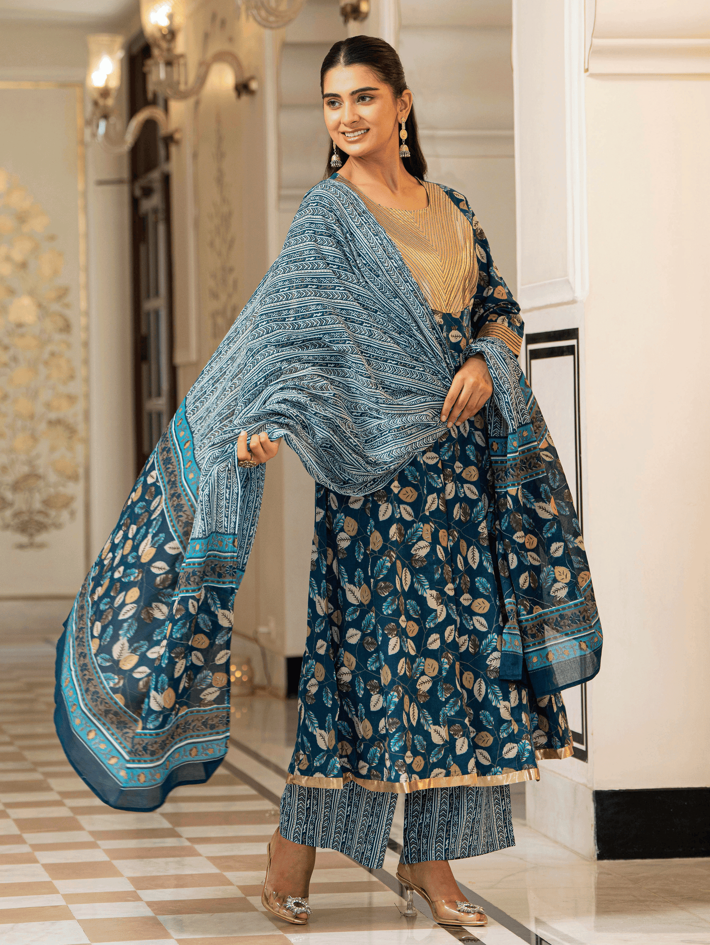 Soft Cotton Foliage Anarkali Blue Kurta
