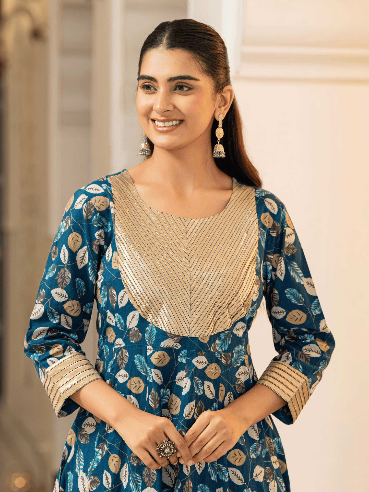 Soft Cotton Foliage Anarkali Blue Kurta