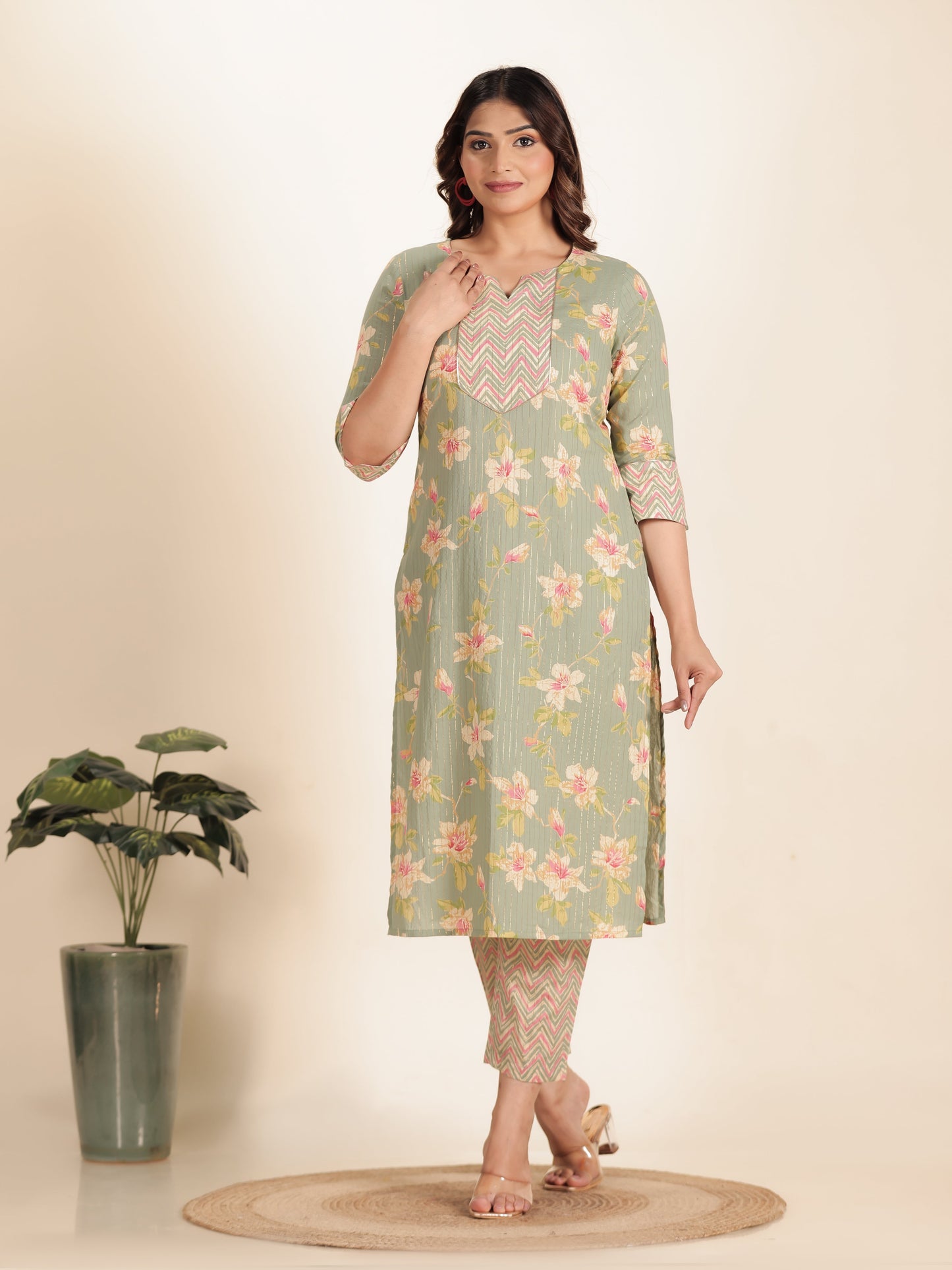 Lurex Cotton Floral Kurta