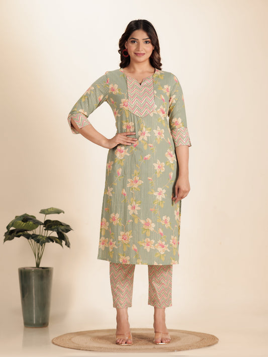Lurex Cotton Floral Straight Green Kurta