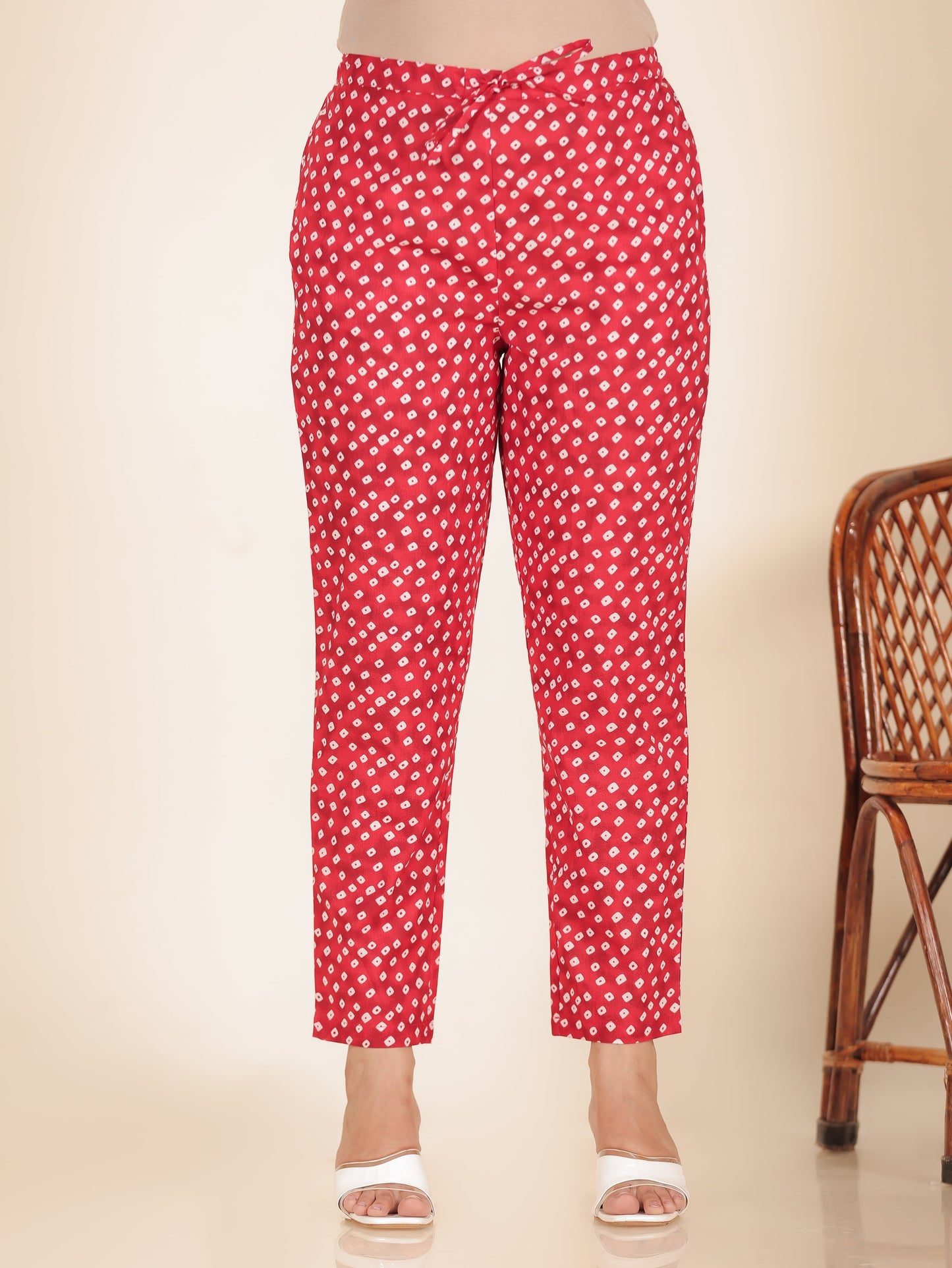 Soft Cotton Bandhani Red Tapered Trousers
