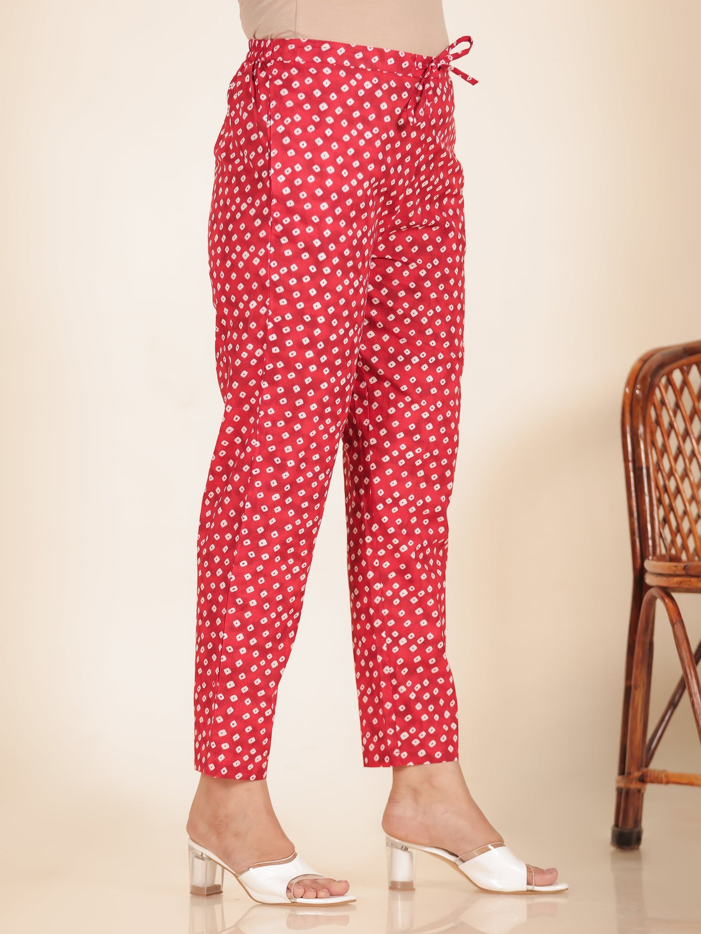 Soft Cotton Bandhani Red Tapered Trousers