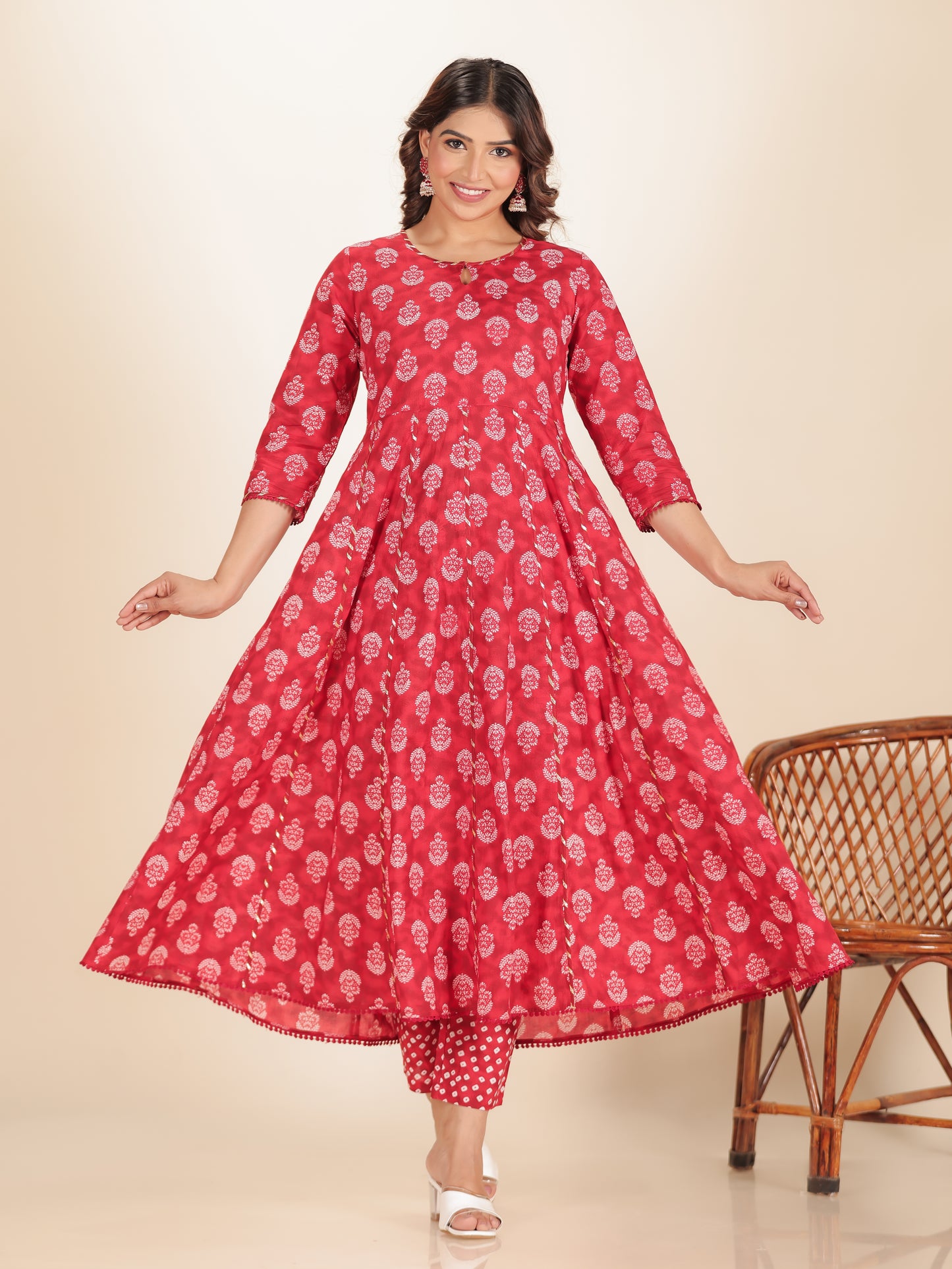 Soft Cotton Floral Flared Red Kurta