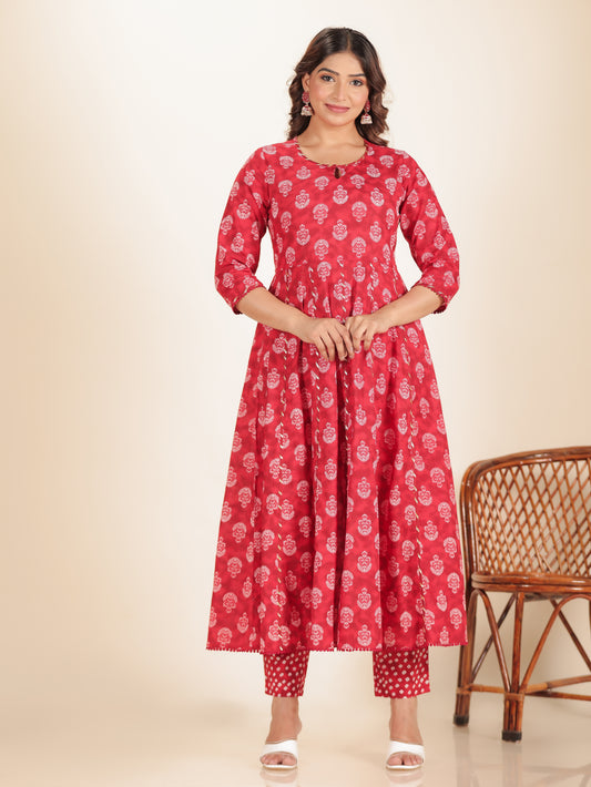 Soft Cotton Floral Flared Red Kurta