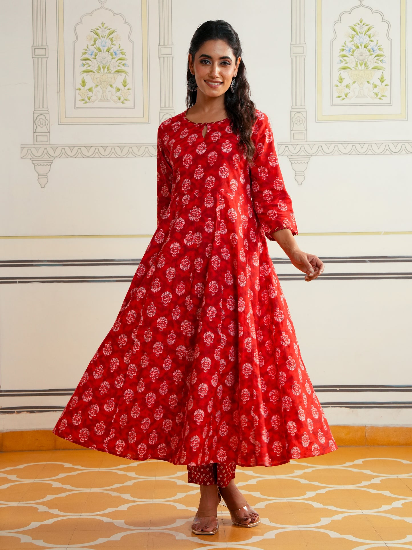 Soft Cotton Floral Anarkali Red Kurta
