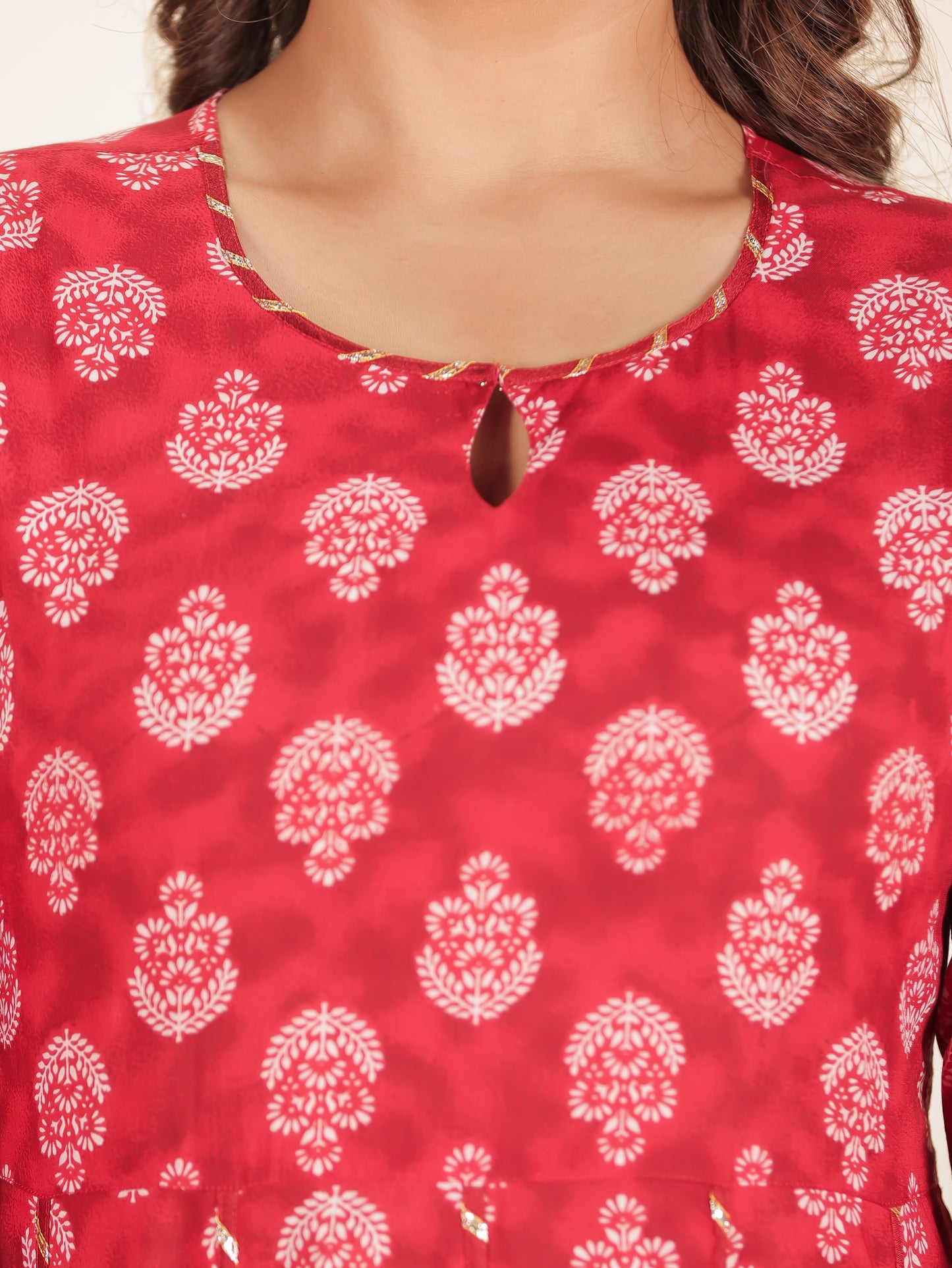 Soft Cotton Floral Flared Red Kurta