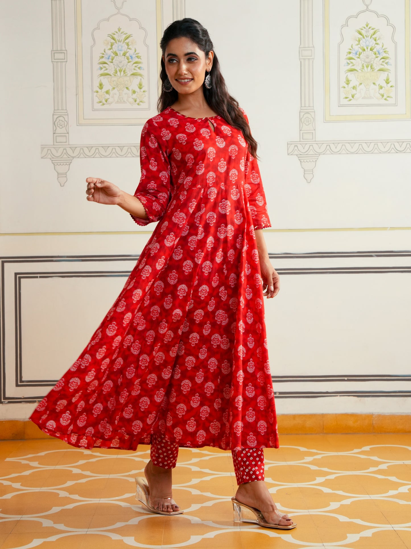 Soft Cotton Floral Anarkali Red Kurta