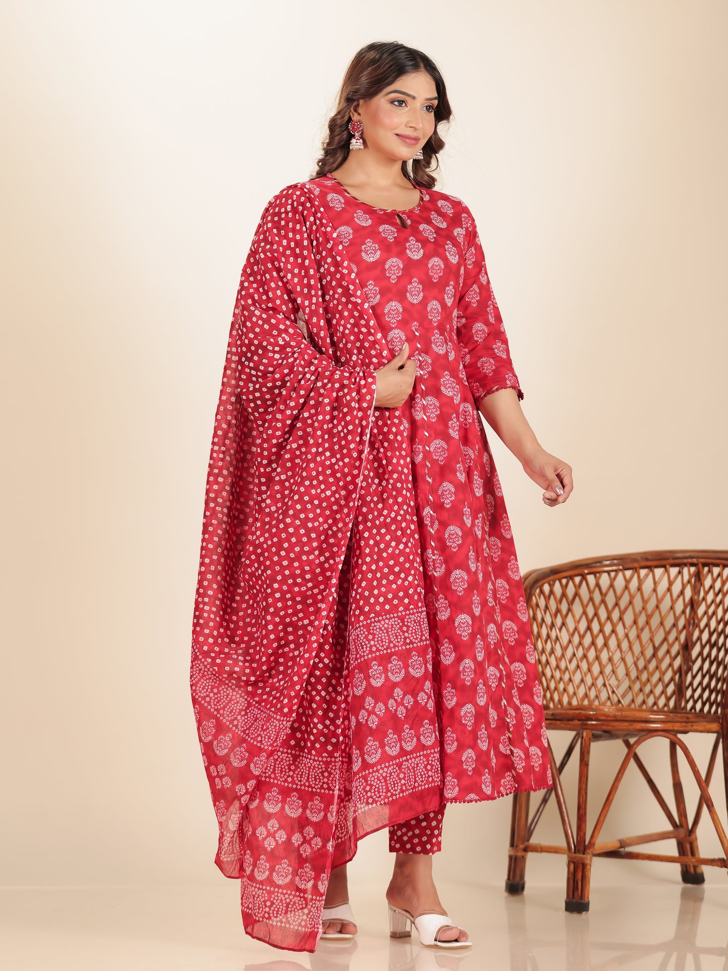 Soft Cotton Floral Flared Red Kurta