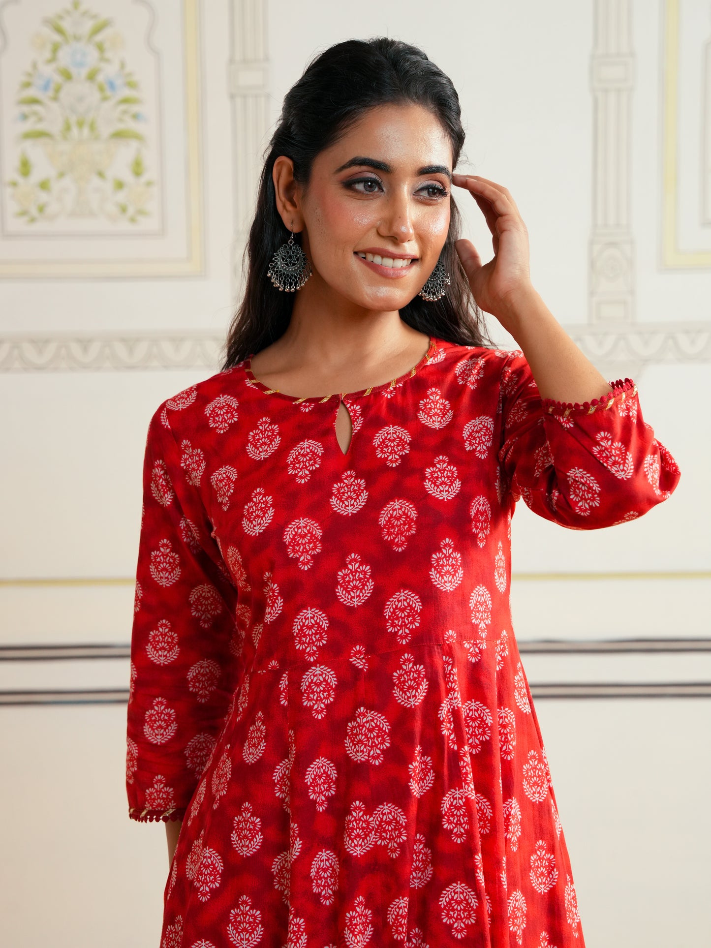 Soft Cotton Floral Anarkali Red Kurta