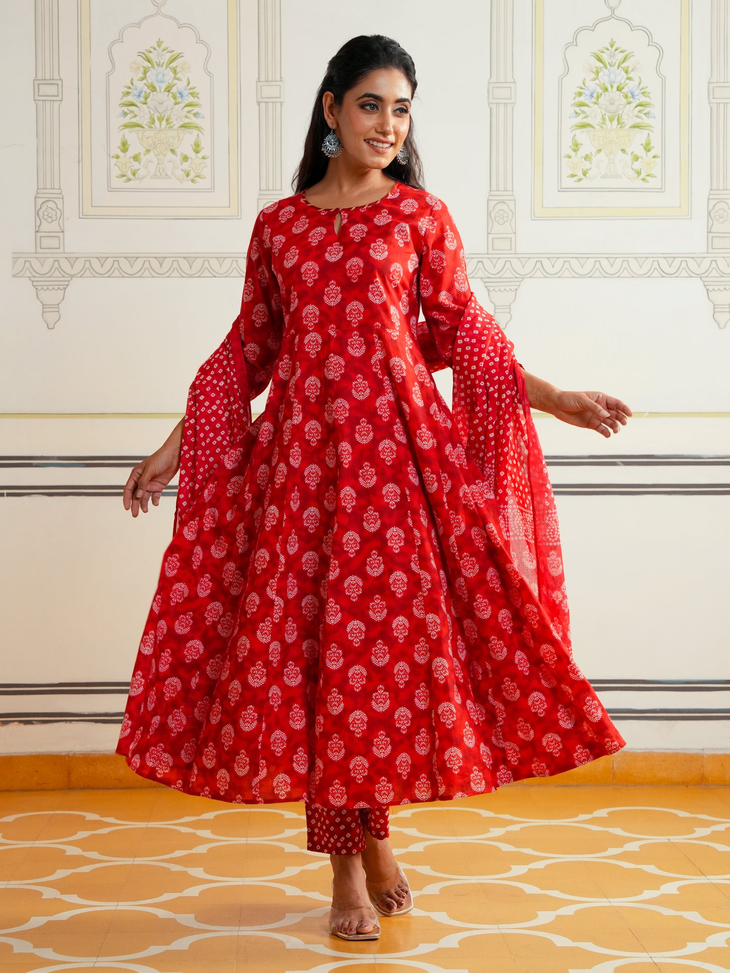 Soft Cotton Floral Anarkali Red Kurta