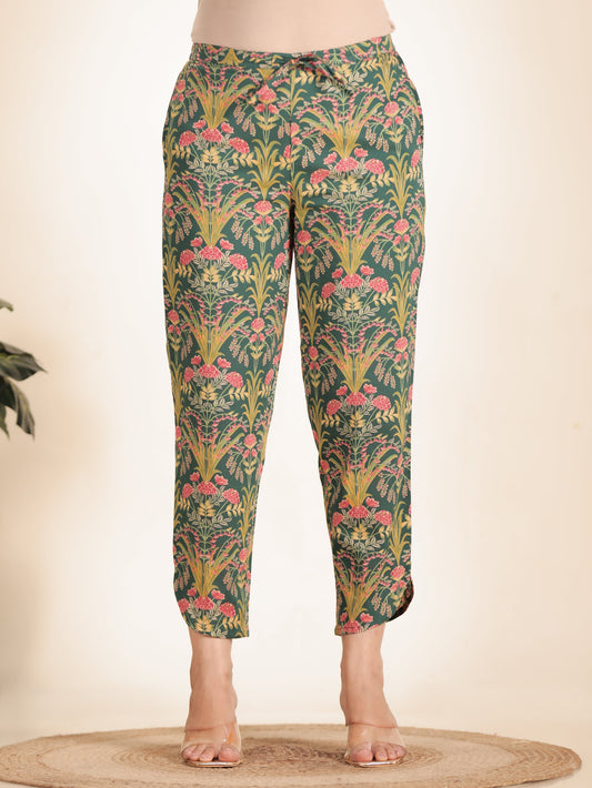 Soft Cotton Floral Green Tapered Trousers