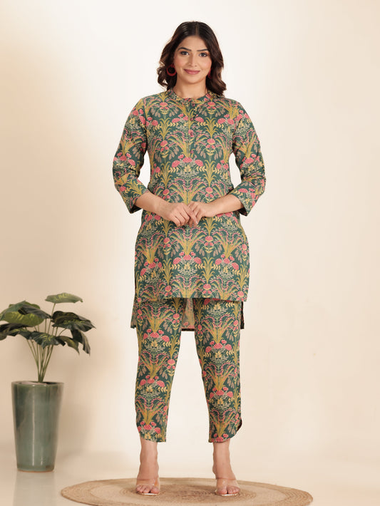 Soft Cotton Floral Straight Green Kurta