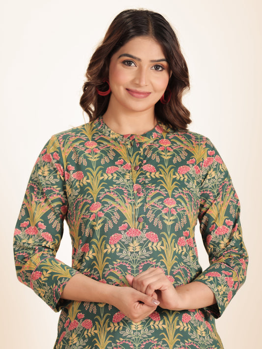 Soft Cotton Floral Straight Green Kurta