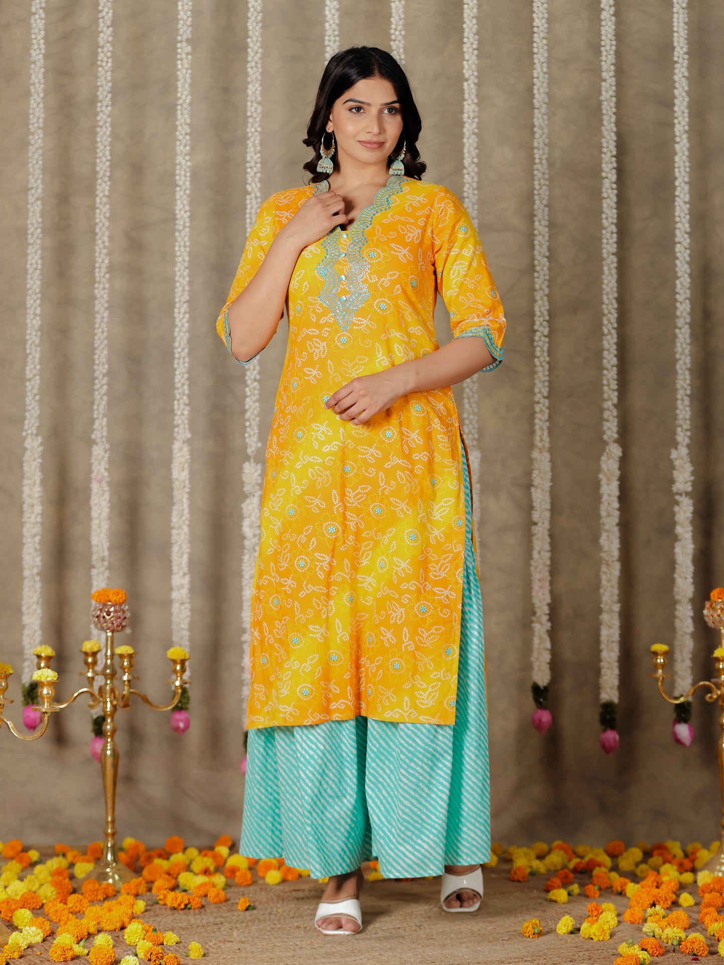 Embroidered Soft Cotton Bandhani Straight Yellow Kurta