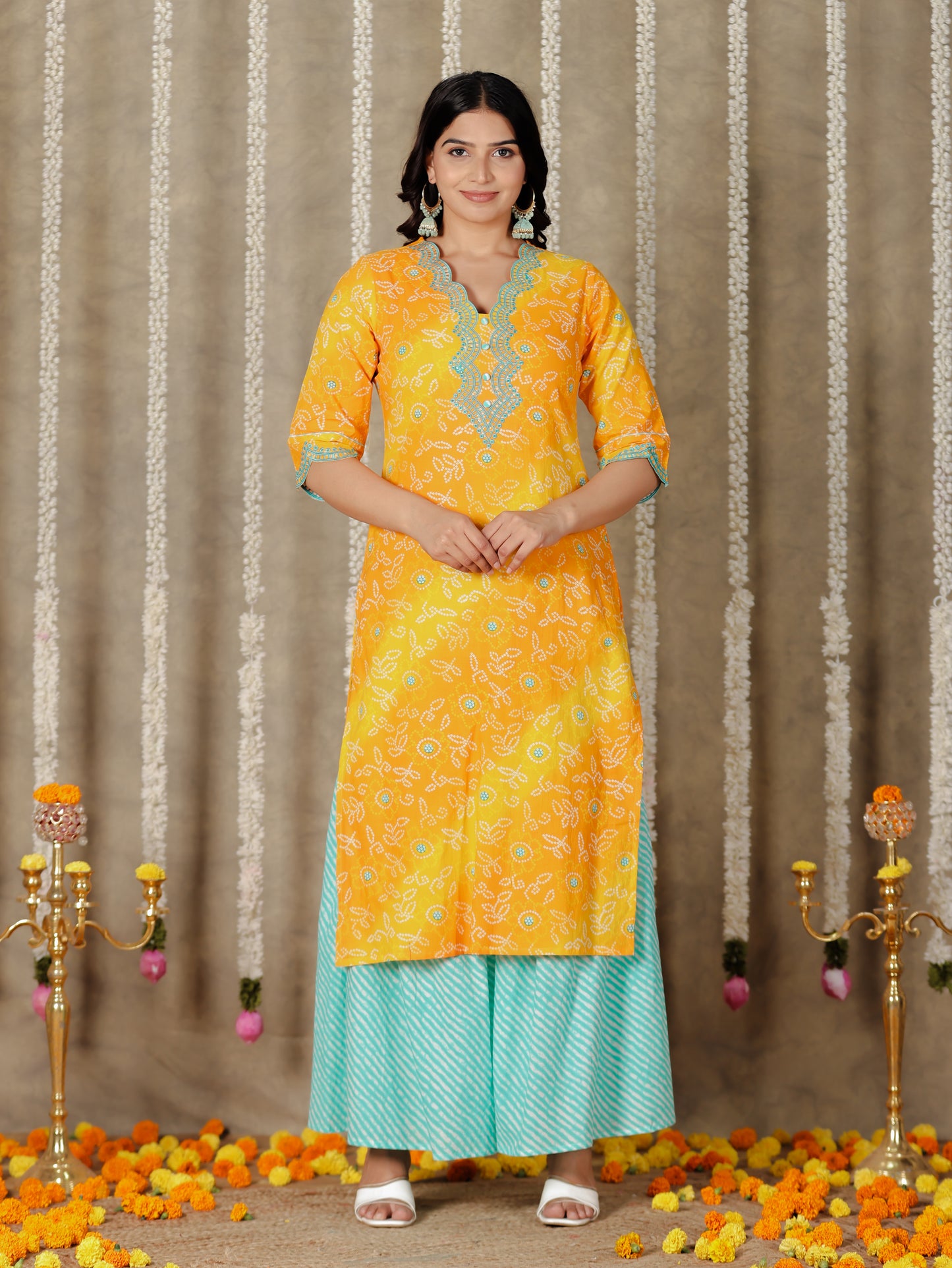 Embroidered Soft Cotton Bandhani Straight Yellow Kurta