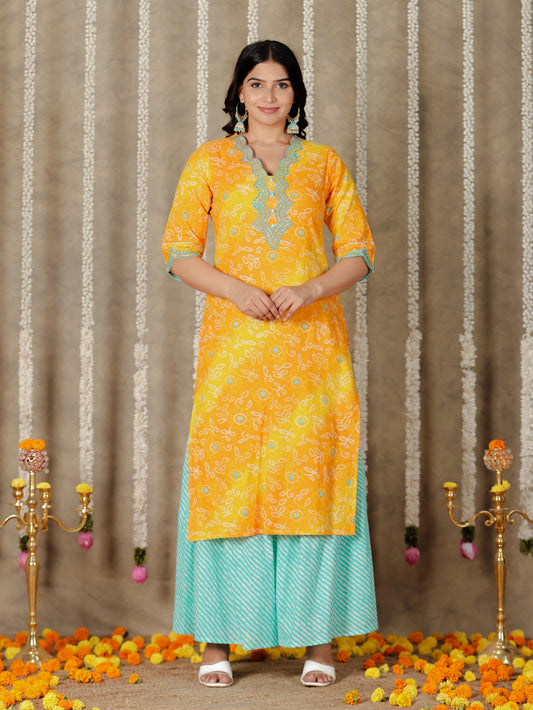Embroidered Soft Cotton Bandhani Straight Yellow Kurta
