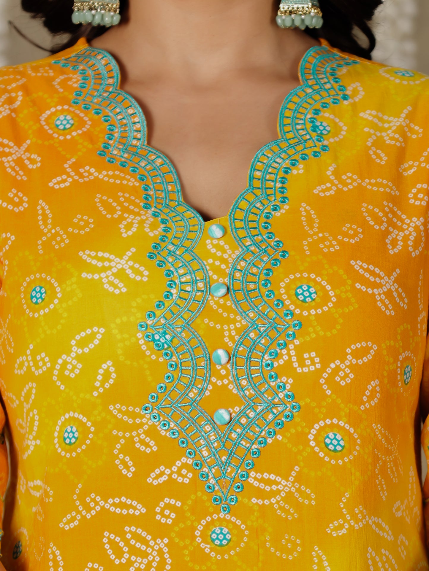 Embroidered Soft Cotton Bandhani Straight Yellow Kurta