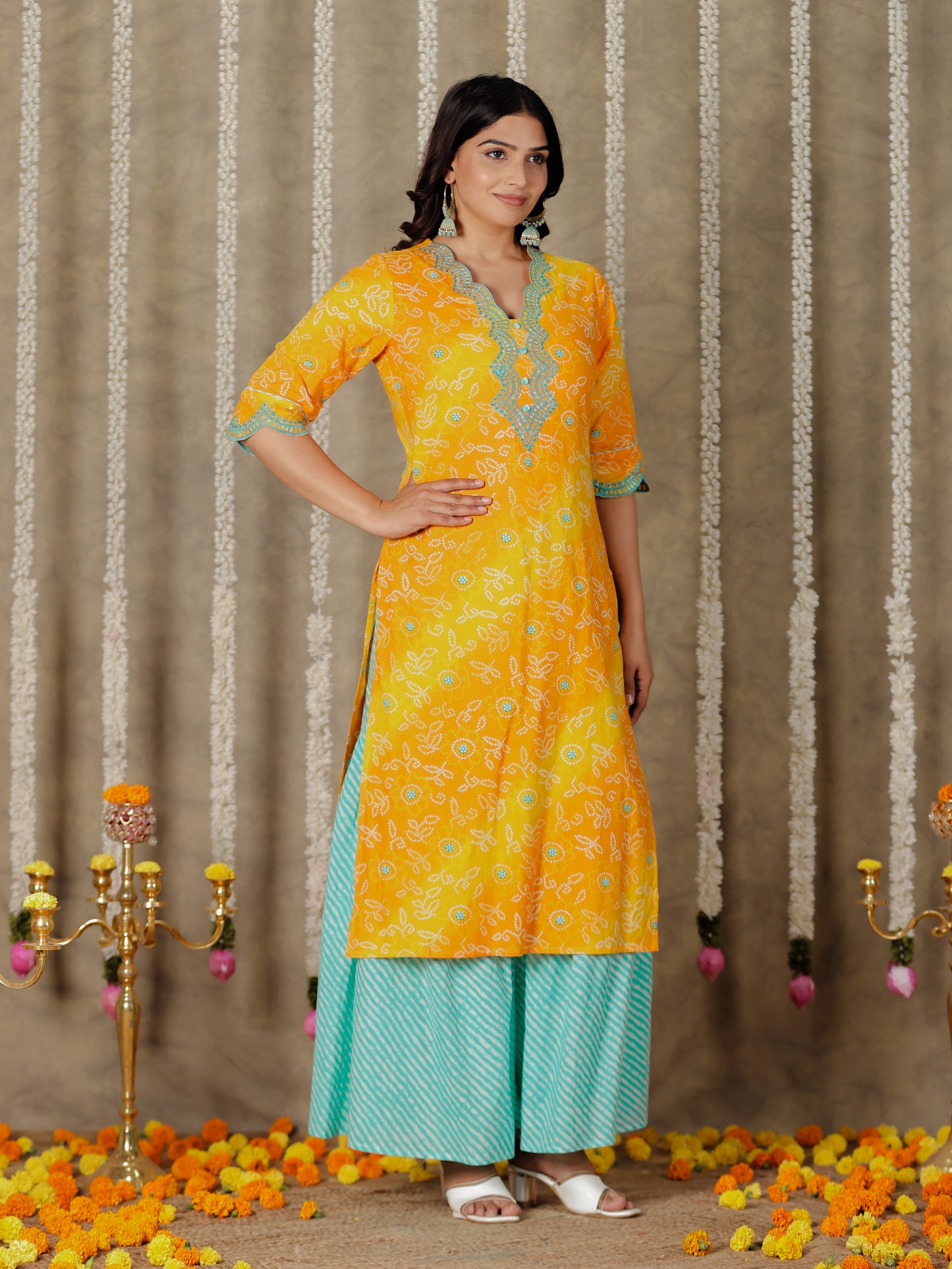 Embroidered Soft Cotton Bandhani Straight Yellow Kurta