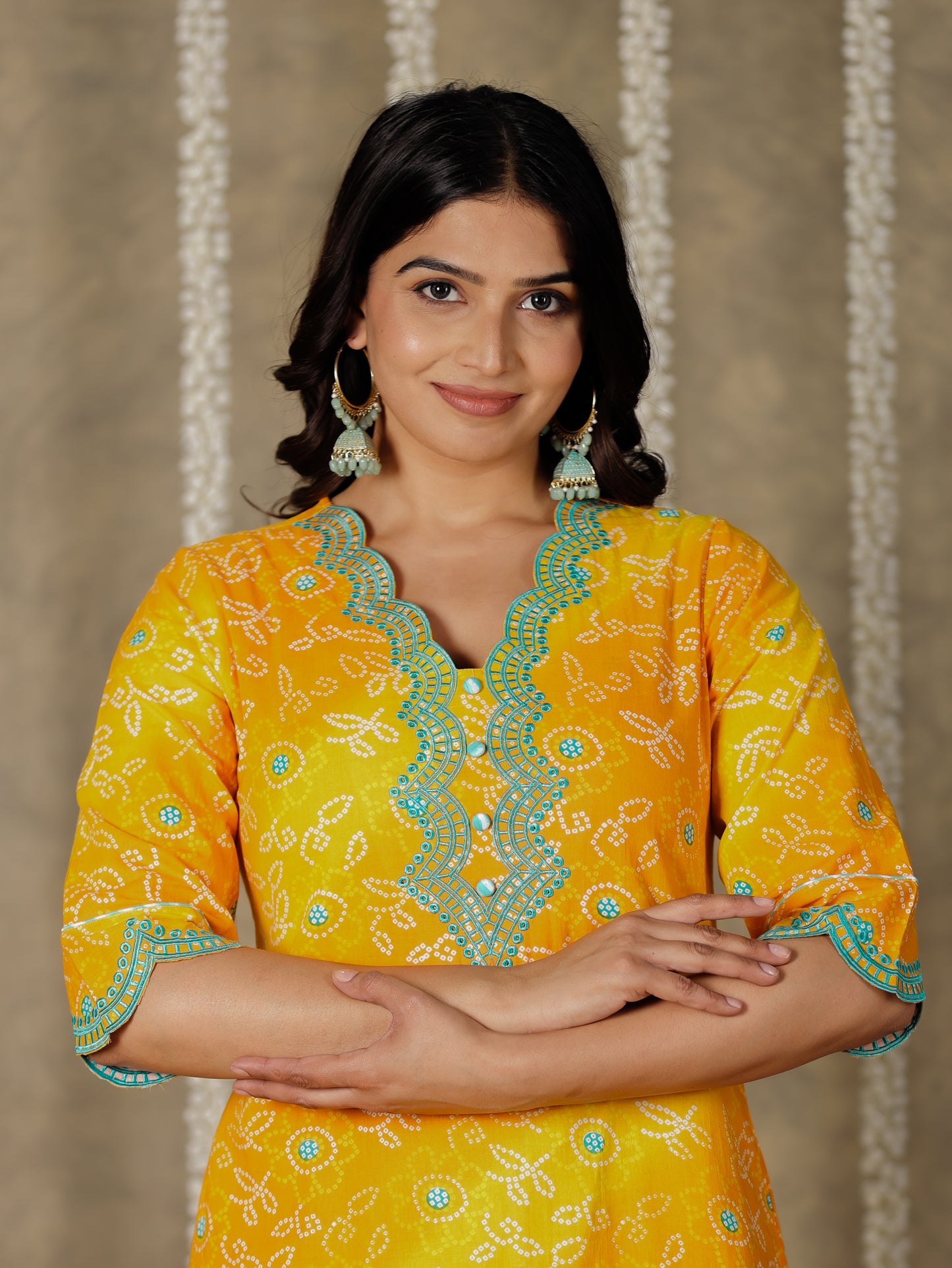 Embroidered Soft Cotton Bandhani Straight Yellow Kurta