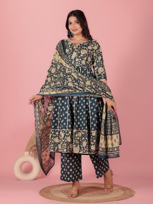 Soft Cotton Floral Anarkali Blue Kurta