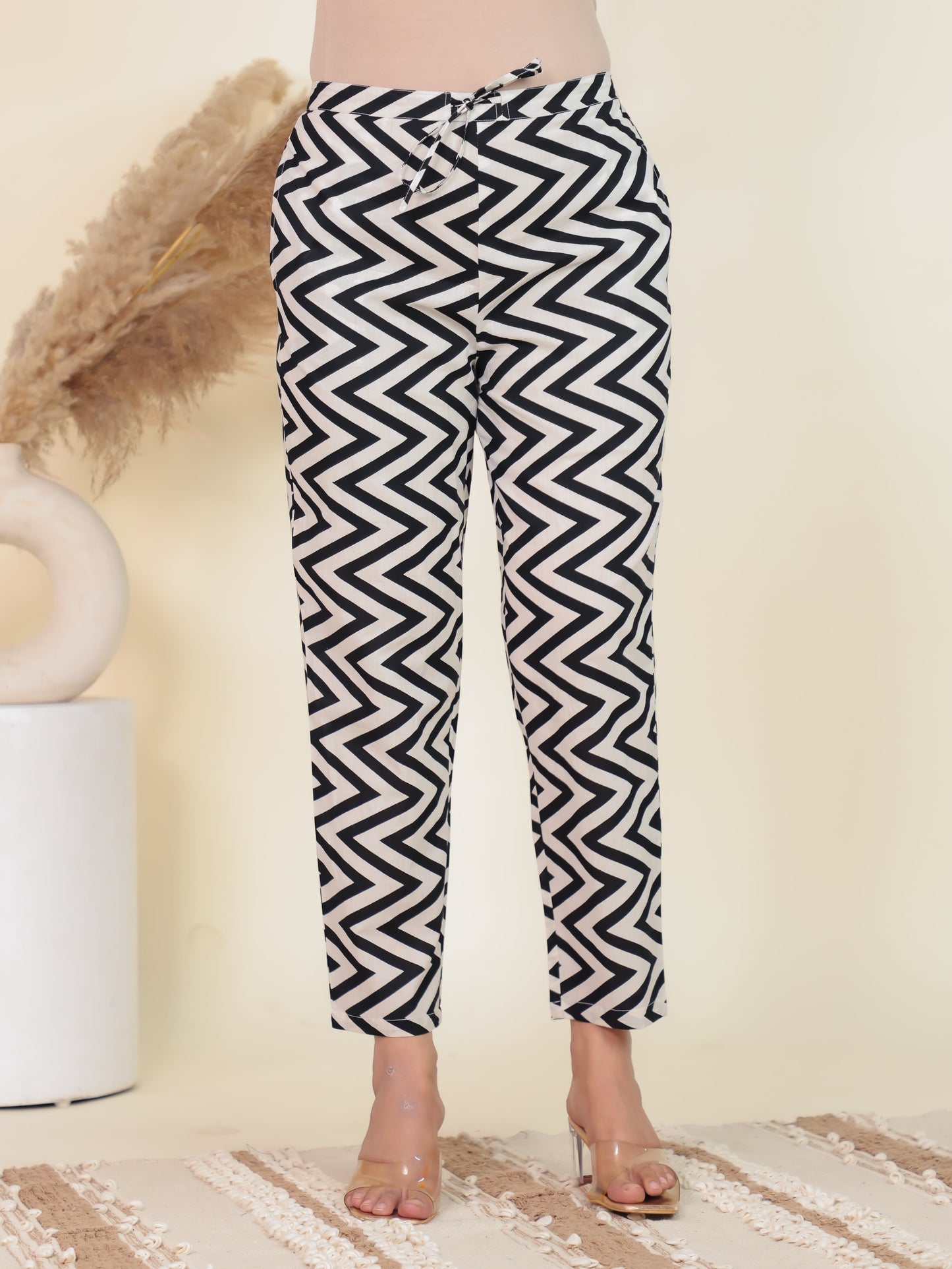 Soft Cotton Geometric White Tapered Trousers
