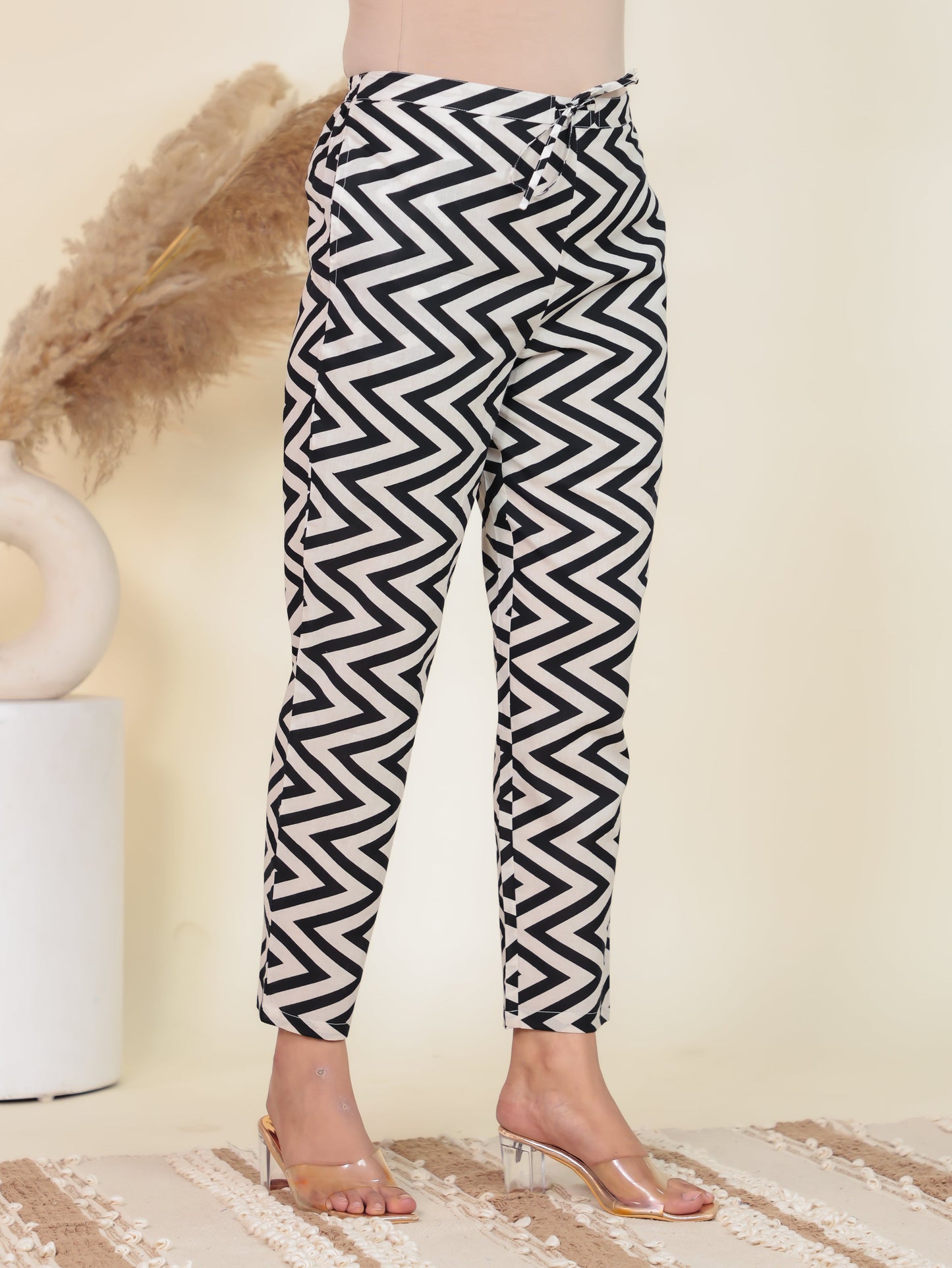 Soft Cotton Geometric White Tapered Trousers