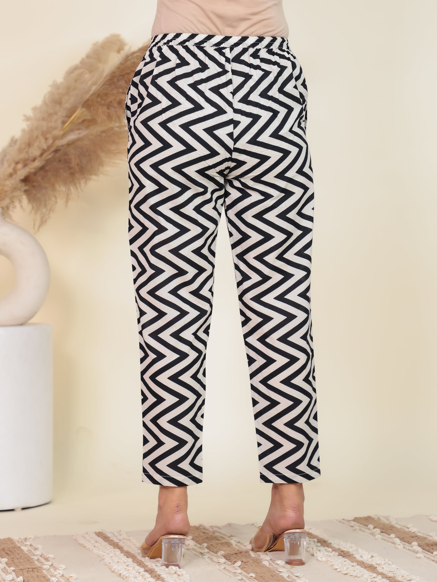 Soft Cotton Geometric White Tapered Trousers