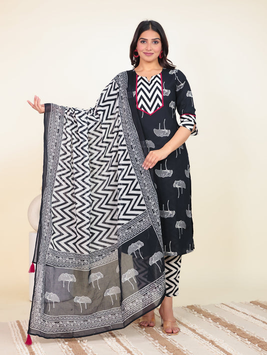 Cotton Voile Geometric Black Dupatta