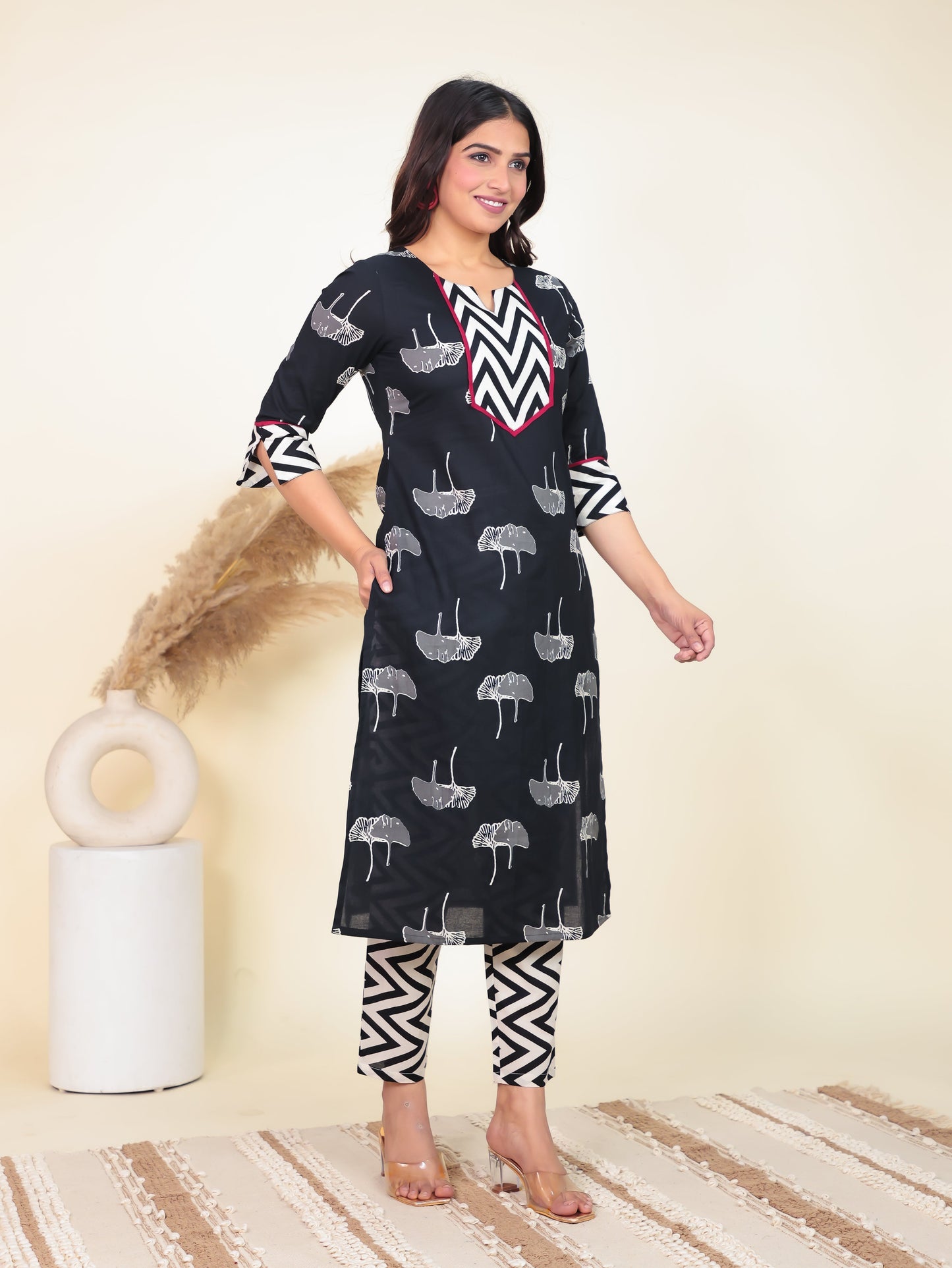 Soft Cotton Foliage Straight Black Kurta
