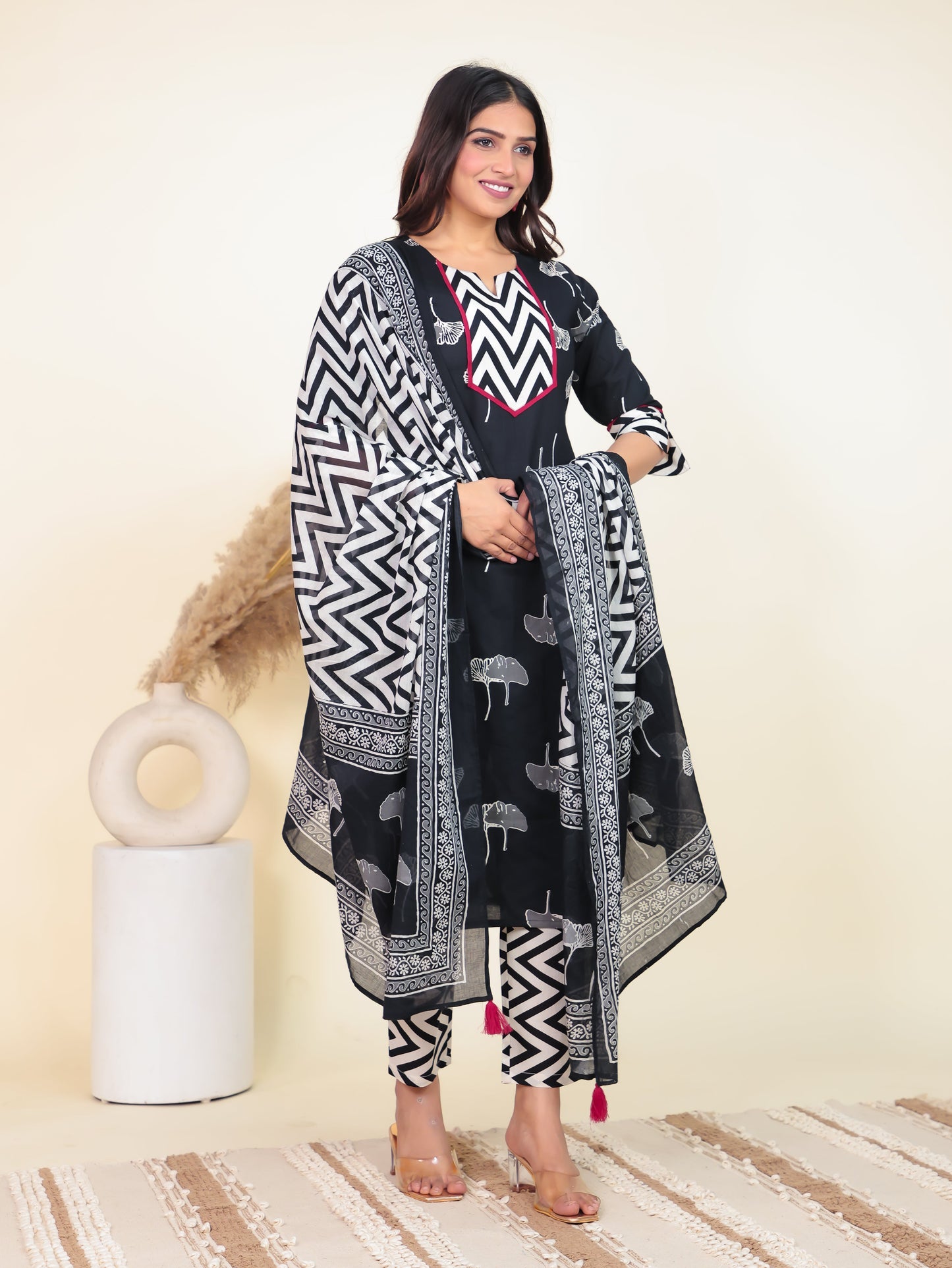 Soft Cotton Foliage Straight Black Kurta