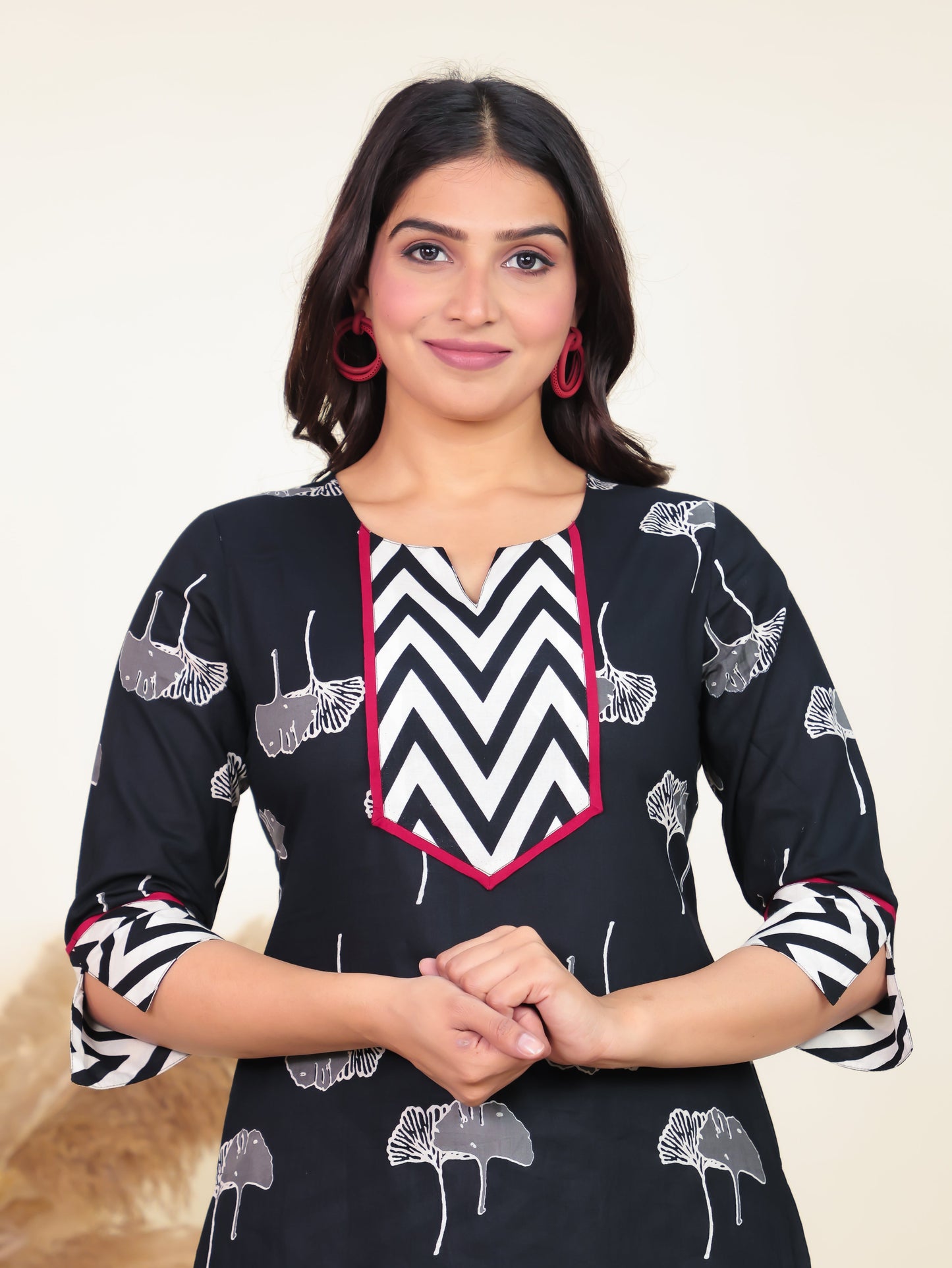 Soft Cotton Foliage Straight Black Kurta