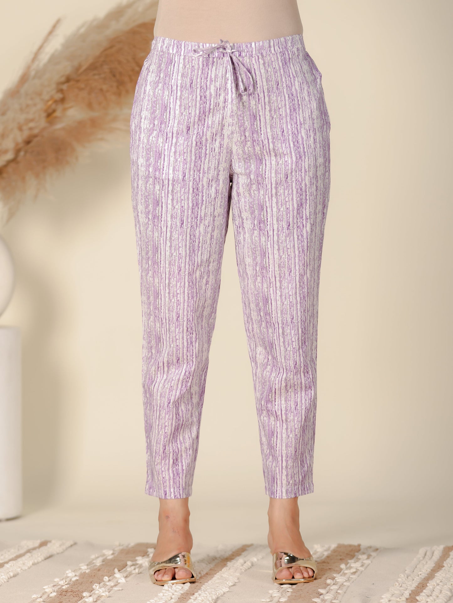 Soft Cotton Striped Purple Tapered Trousers