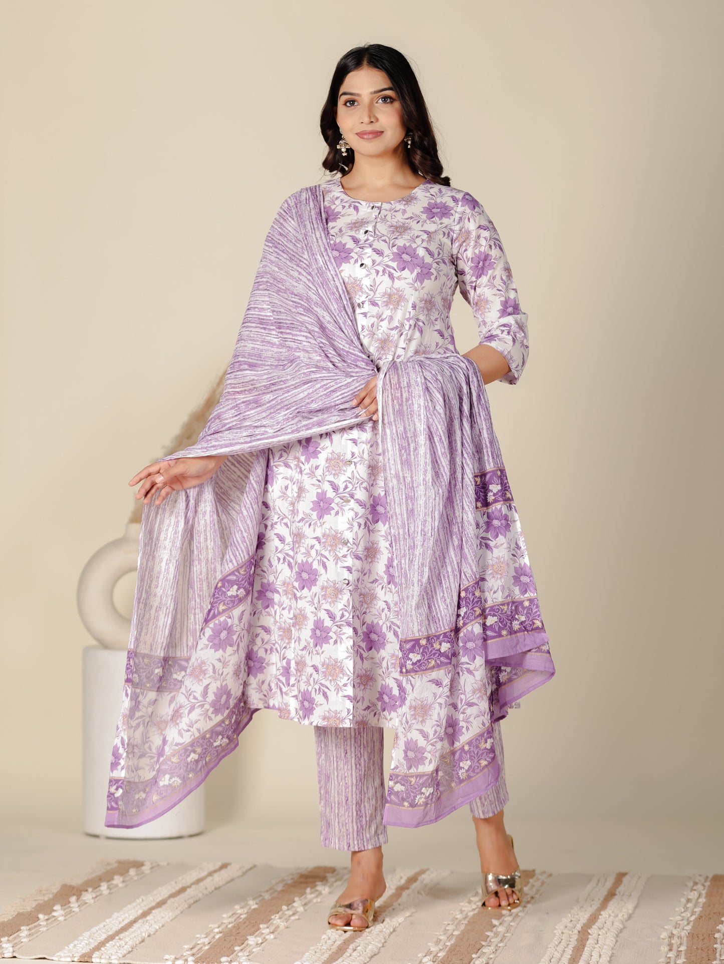 Soft Cotton Floral A-line White Kurta