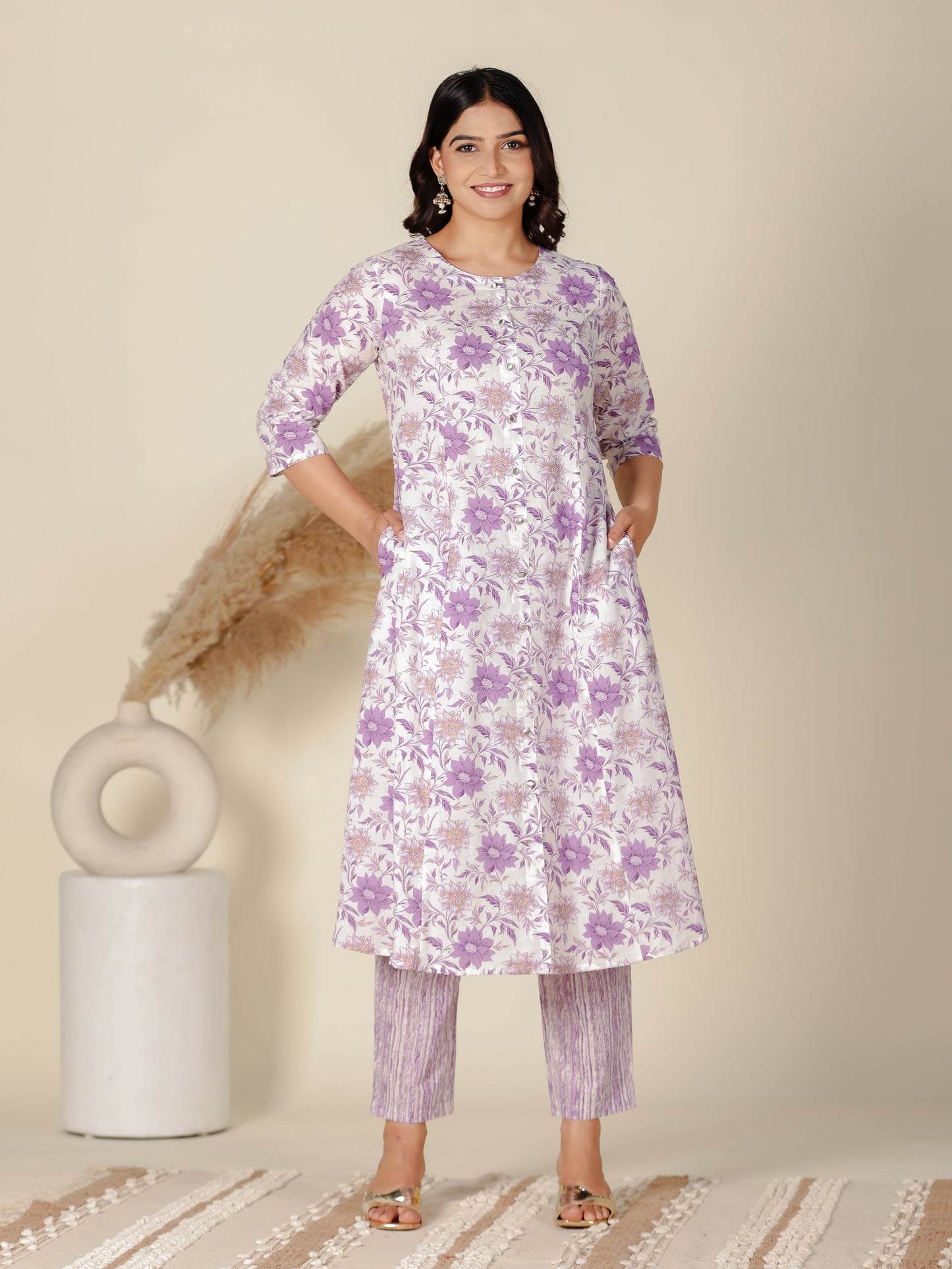 Soft Cotton Floral A-line White Kurta