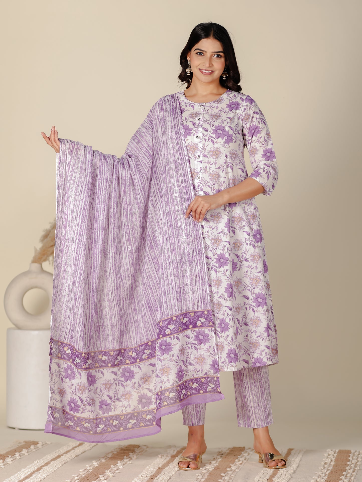 Soft Cotton Floral A-line White Kurta