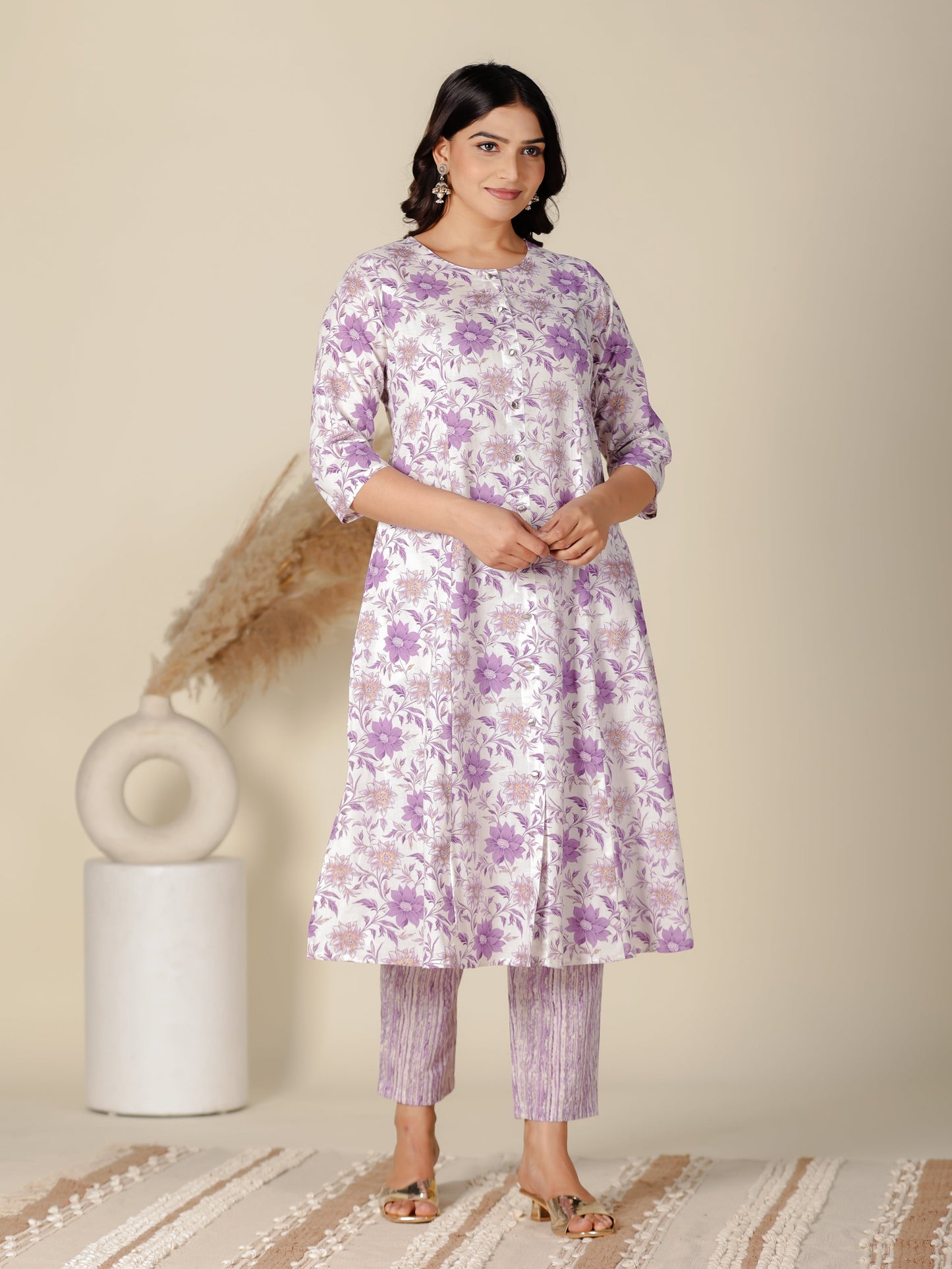 Soft Cotton Floral A-line White Kurta
