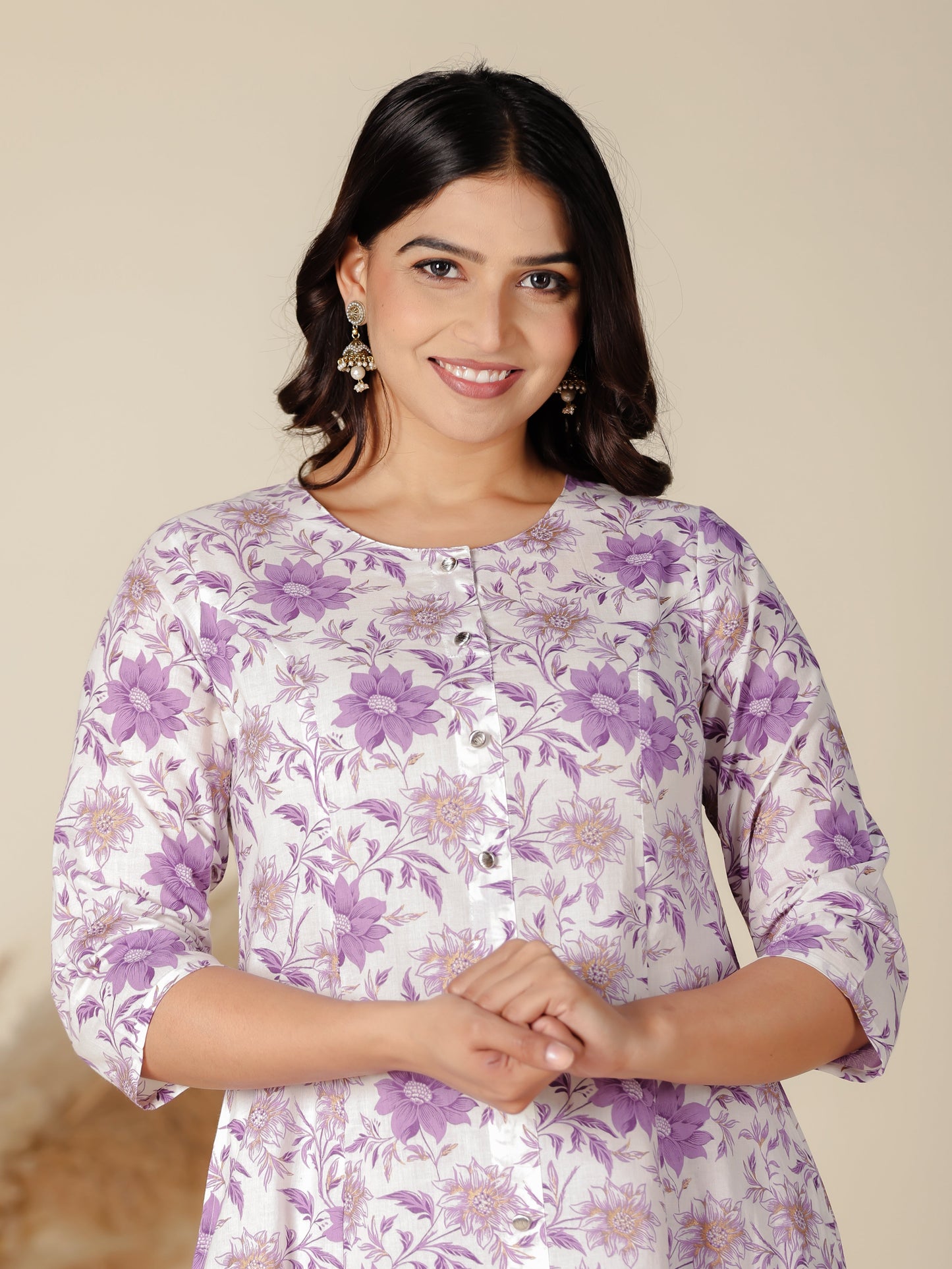 Soft Cotton Floral A-line White Kurta