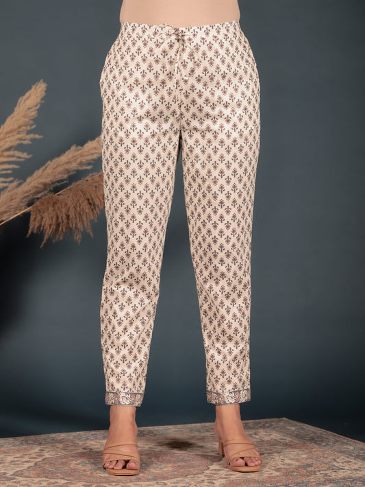 Soft Cotton Floral White Tapered Trousers
