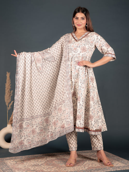 Soft Cotton Floral Flared Brown Kurta