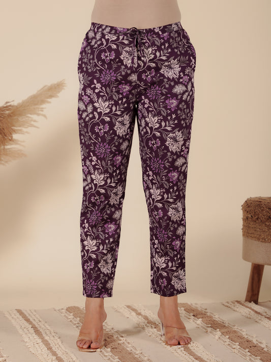Soft Cotton Floral Purple Tapered Trousers