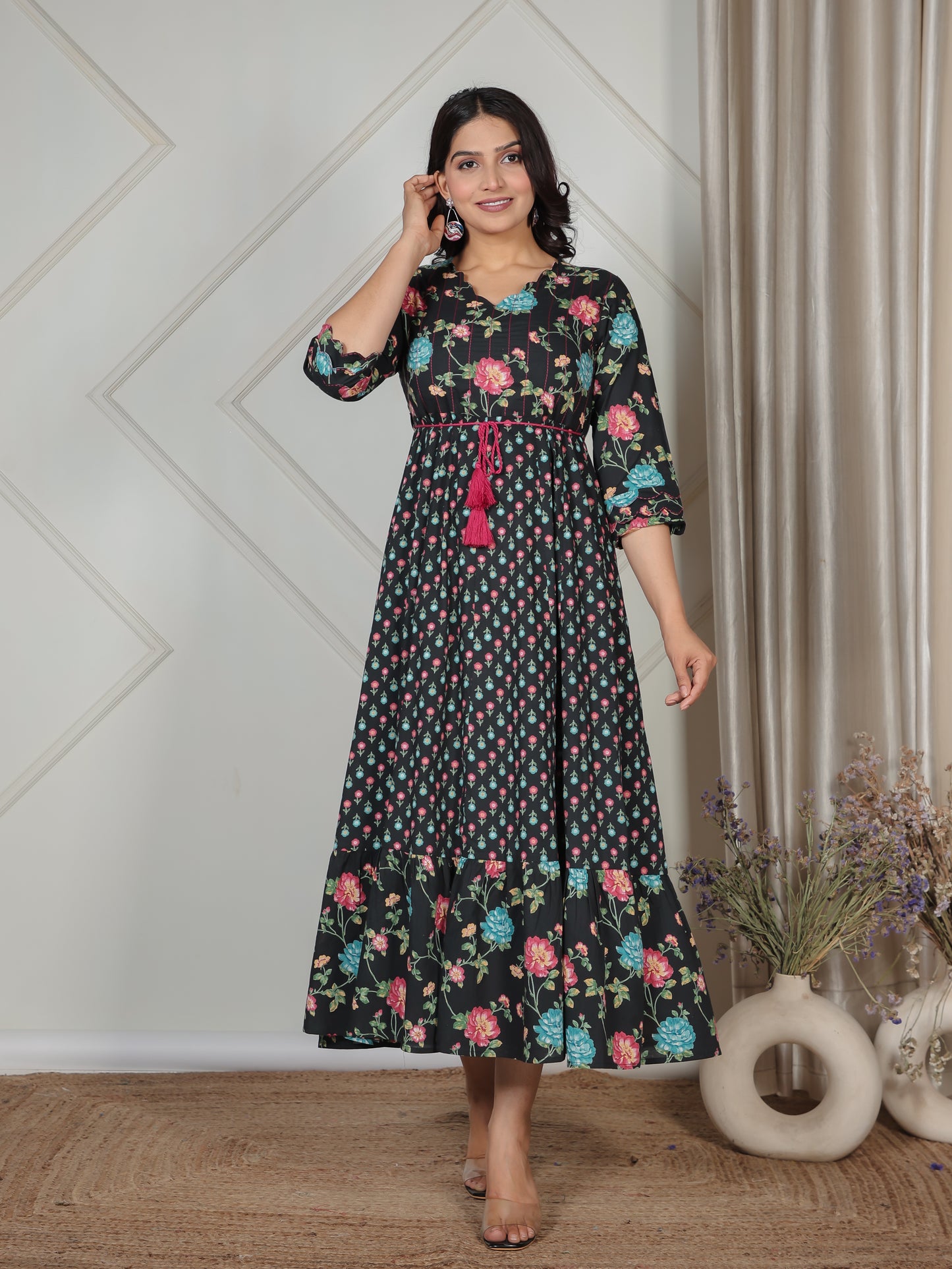 Embroidered Soft Cotton Floral Anarkali Black Kurta